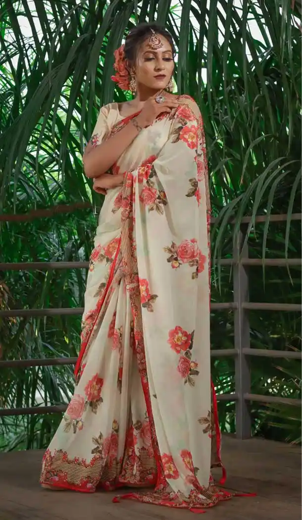 Off White Color Heavy Japan Satin Casual Wear Printed Saree - 2518139906
