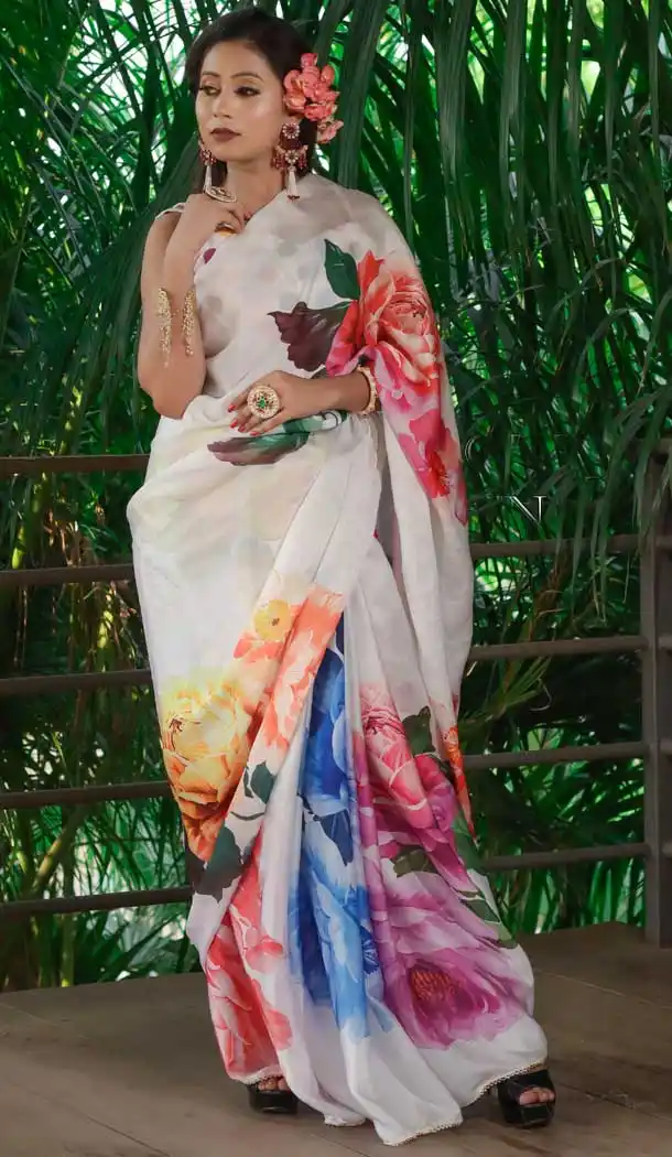 White Color Heavy Japan Satin Casual Wear Printed Saree - 2518139907