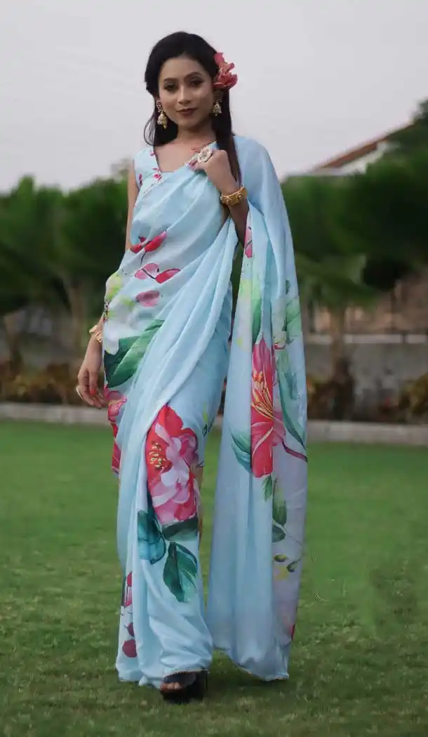 Sky Blue Color Heavy Japan Satin Casual Wear Printed Saree - 2518139909