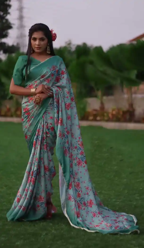 Sea Green Color Heavy Japan Satin Casual Wear Printed Saree - 2518139910