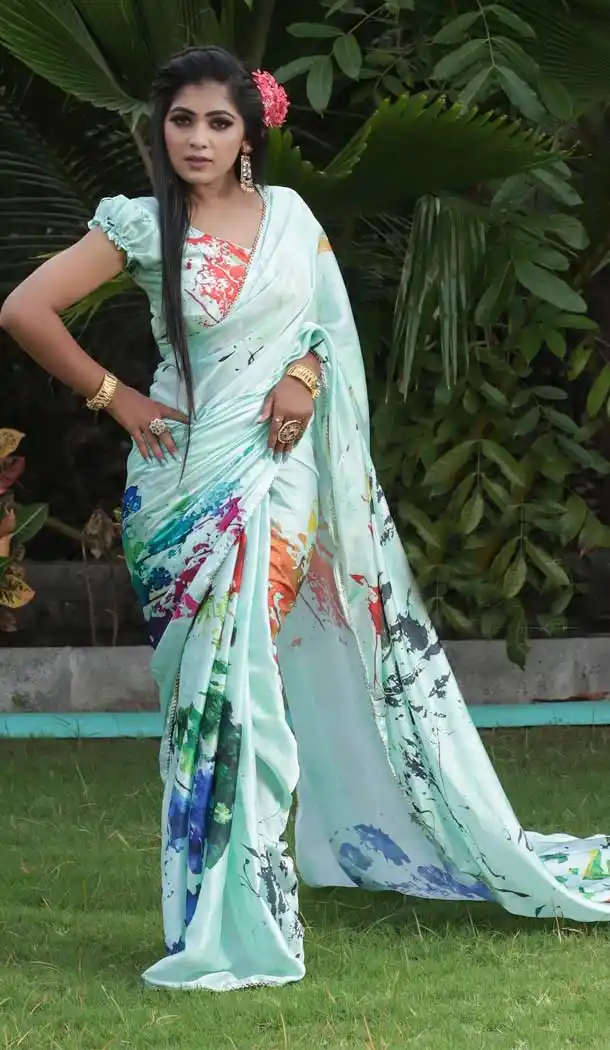 Sage Green Color Heavy Japan Satin Casual Wear Printed Saree - 2518139912