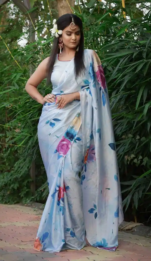 Iceberg Blue Color Heavy Japan Satin Casual Wear Printed Saree - 2518139913