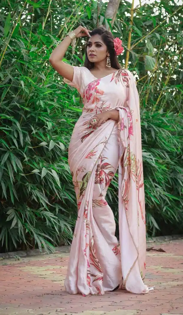 Peach Color Heavy Japan Satin Casual Wear Printed Saree - 2518139914