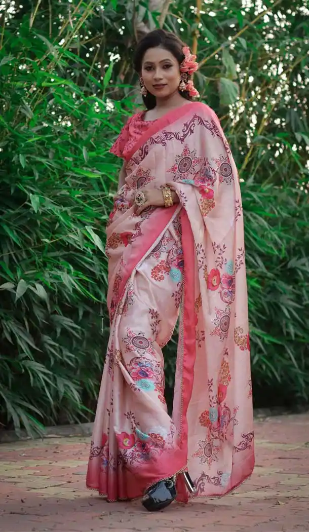 Pink Color Heavy Japan Satin Casual Wear Printed Saree - 2518139915