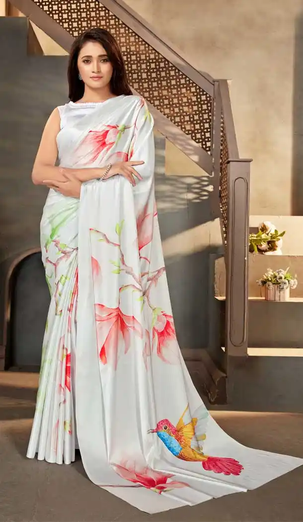 White Color Satin Crepe Casual Wear Digital Printed Saree - 2526139955