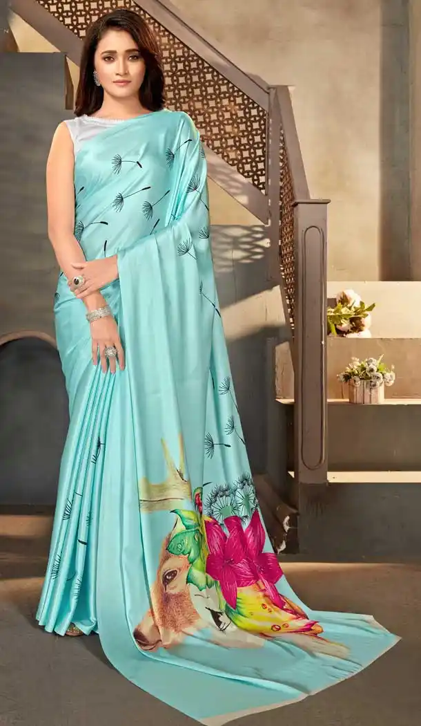 Sky Blue Color Satin Crepe Casual Wear Digital Printed Saree - 2526139956