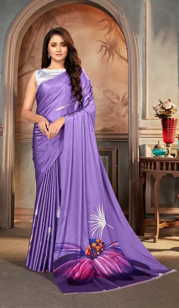 Purple Color Satin Crepe Casual Wear Digital Printed Saree - 2526139957