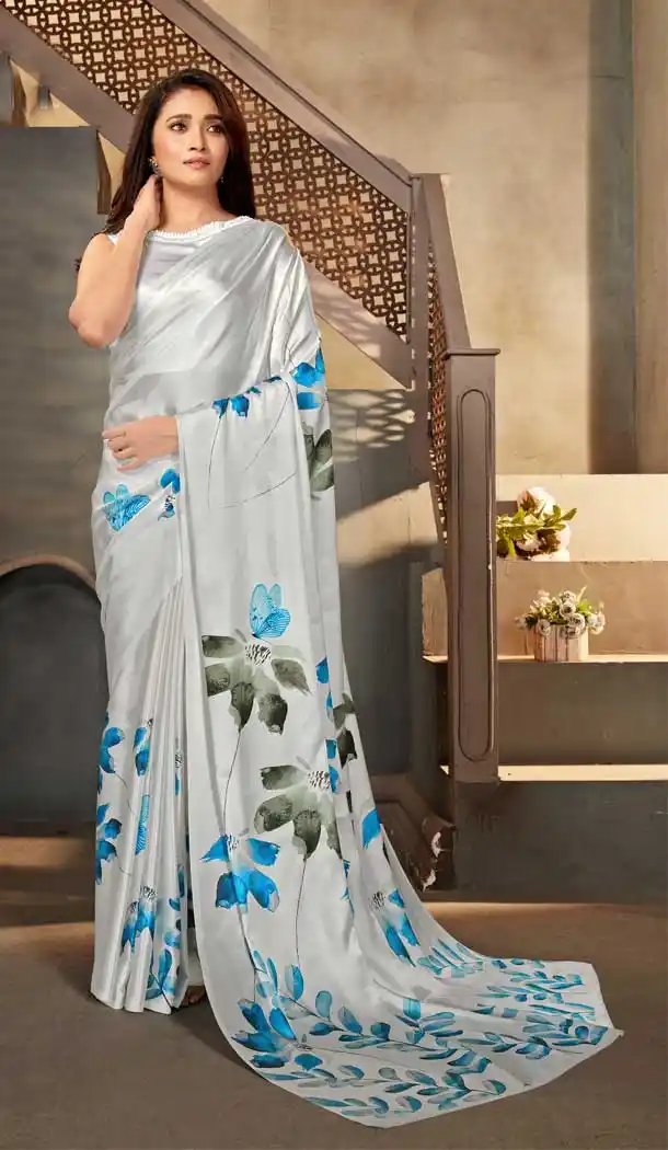 Shining White Color Satin Crepe Casual Wear Digital Printed Saree - 2526139959