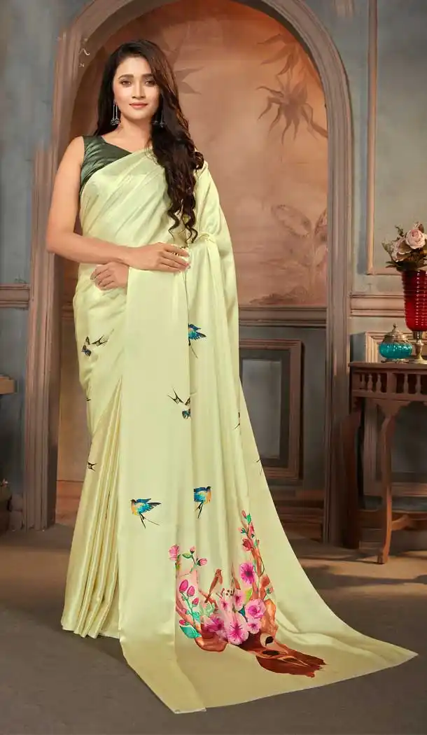 Yellow Color Satin Crepe Casual Wear Digital Printed Saree - 2526139960