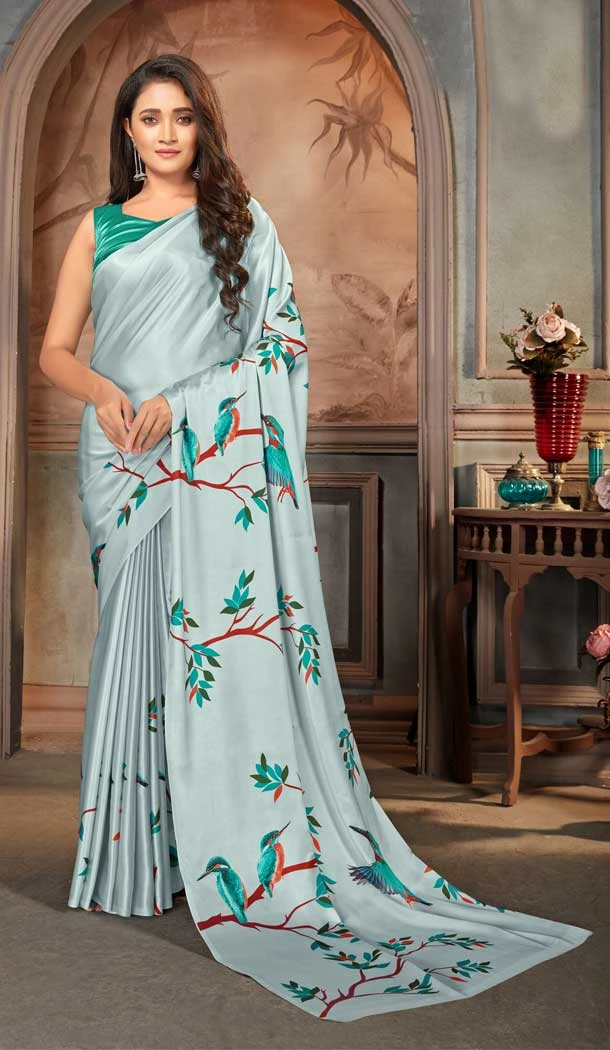 Baby Blue Color Satin Crepe Casual Wear Digital Printed Saree - 2526139961