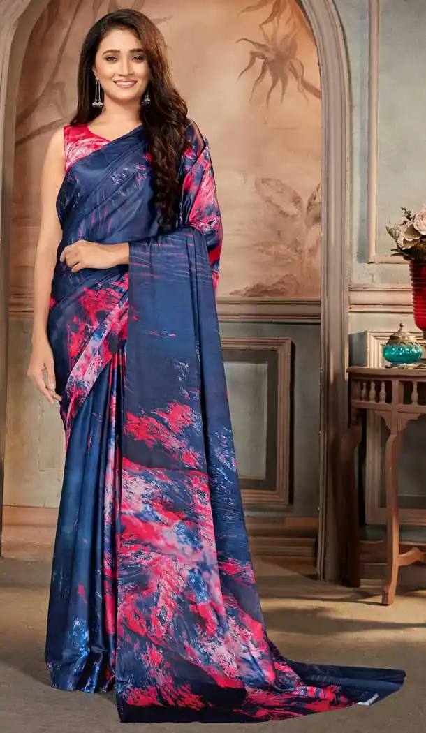 Dark Blue Color Satin Crepe Casual Wear Digital Printed Saree - 2526139962