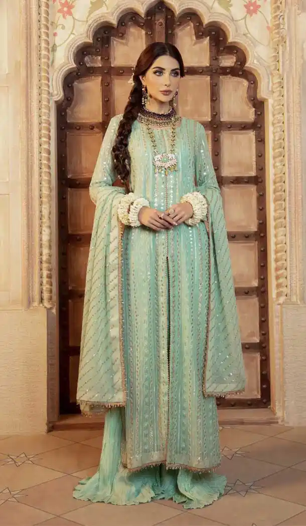 Sage Green Color Fox Georgette Designer Pakistani Style Suit - 2531139982