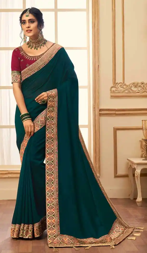 Pine Green Color Vichitra Silk Traditional Party Wear Saree - 2538140046
