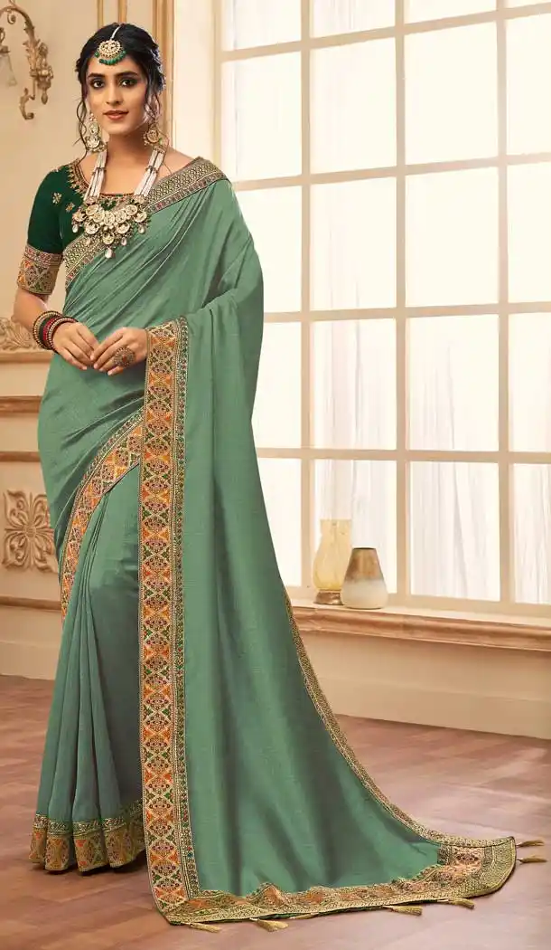 Sage Green Color Vichitra Silk Traditional Party Wear Saree - 2538140048