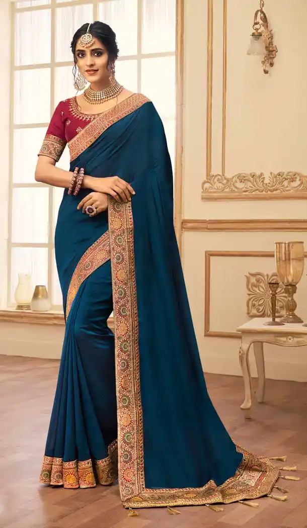 Navy Blue Color Vichitra Silk Traditional Party Wear Saree - 2538140051