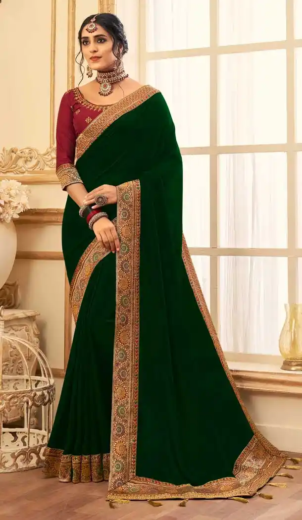 Dark Green Color Vichitra Silk Traditional Party Wear Saree - 2538140053