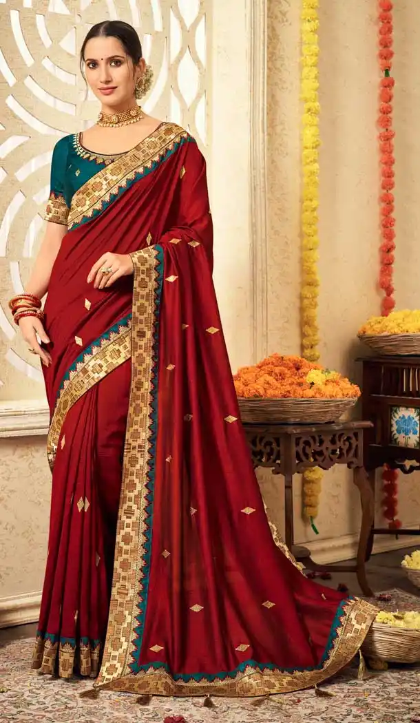 Red Color Vichitra Silk Embroidery Casual Wear Saree Blouse - 2539140055