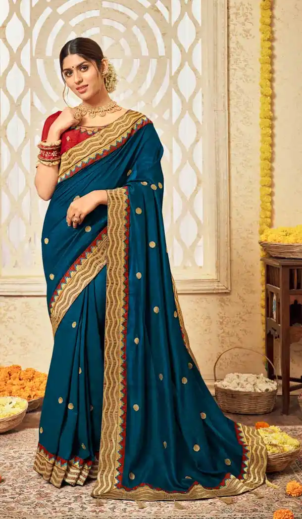 Teal Blue Color Vichitra Silk Embroidery Casual Wear Saree Blouse - 2539140056