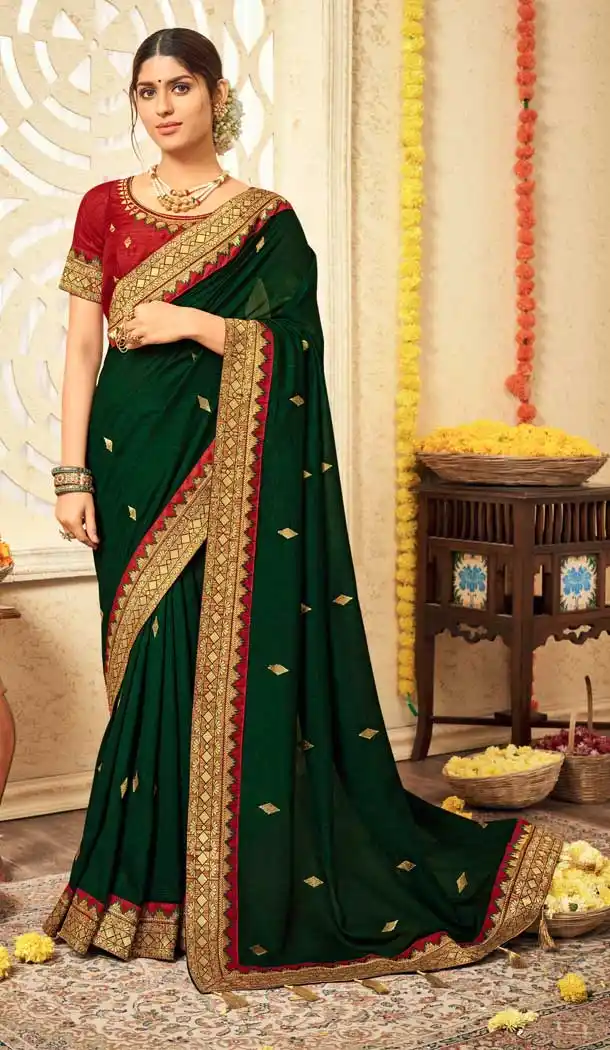 Dark Green Color Vichitra Silk Embroidery Casual Wear Saree Blouse - 2539140057