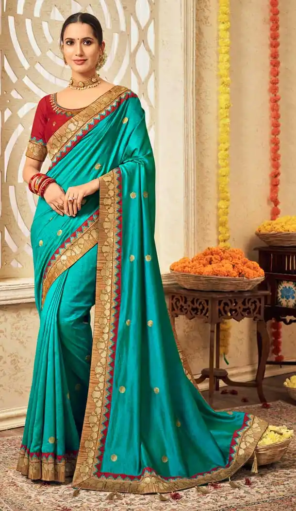 Neon Blue Color Vichitra Silk Embroidery Casual Wear Saree Blouse - 2539140059