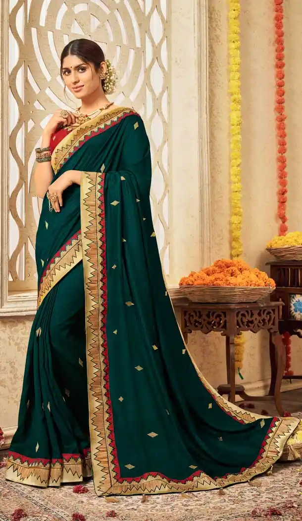 Bottle Green Color Vichitra Silk Embroidery Casual Wear Saree Blouse - 2539140060