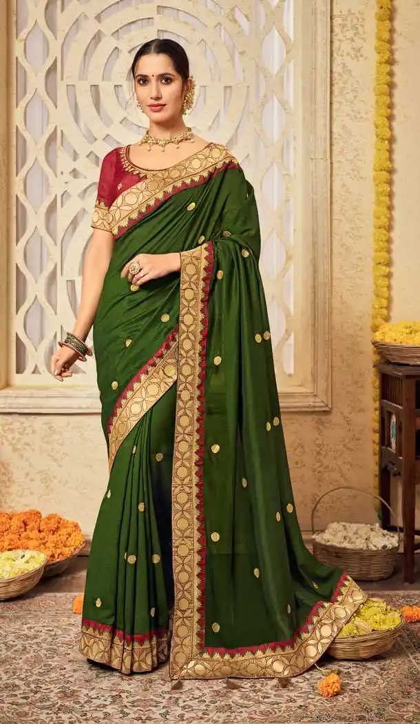 Green Color Vichitra Silk Embroidery Casual Wear Saree Blouse - 2539140062