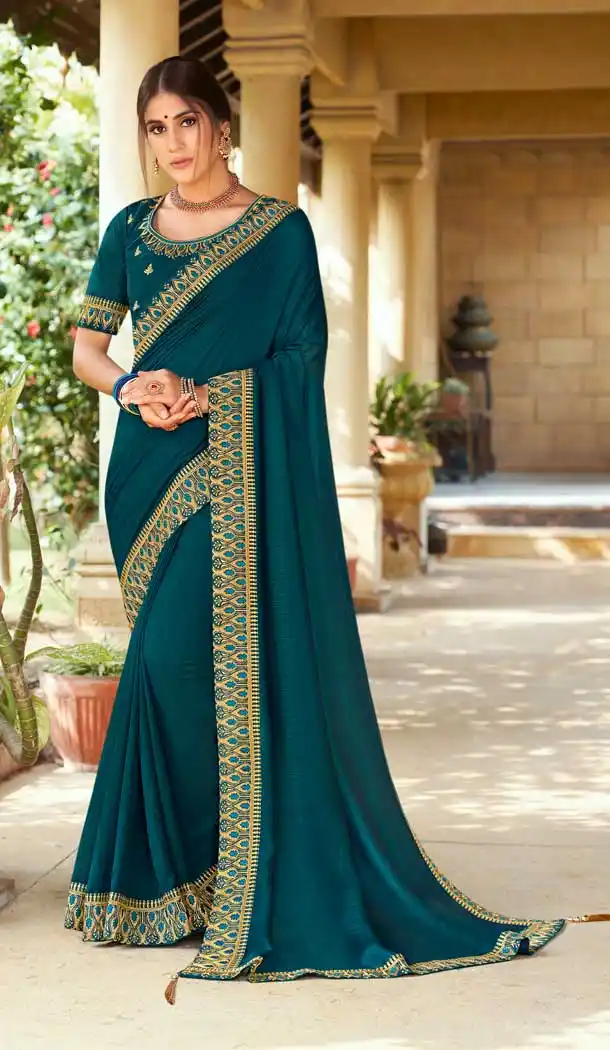 Teal Blue Color Vichitra Silk Casual Party Wear Saree - 2539140073