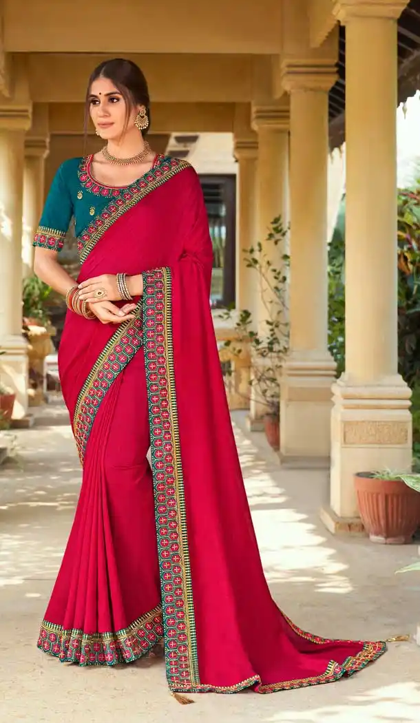 Reddish Pink Color Vichitra Silk Casual Party Wear Saree - 2539140074