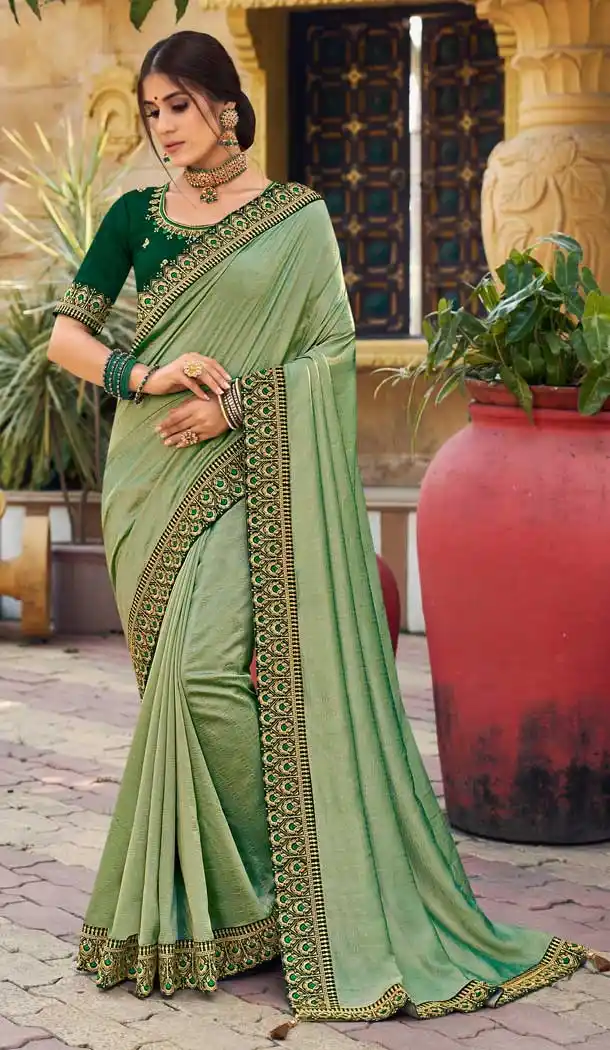 Pista Green Color Vichitra Silk Casual Party Wear Saree - 2539140080