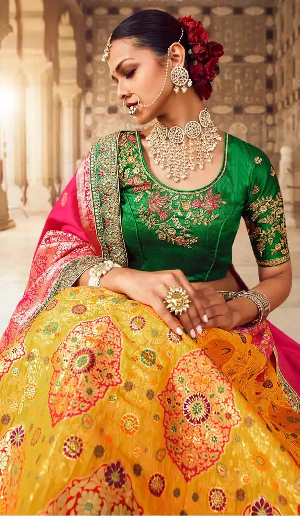 Adorable Mustard Color Banarasi Silk Bridal Wedding Wear Lehenga Choli - 2548140116
