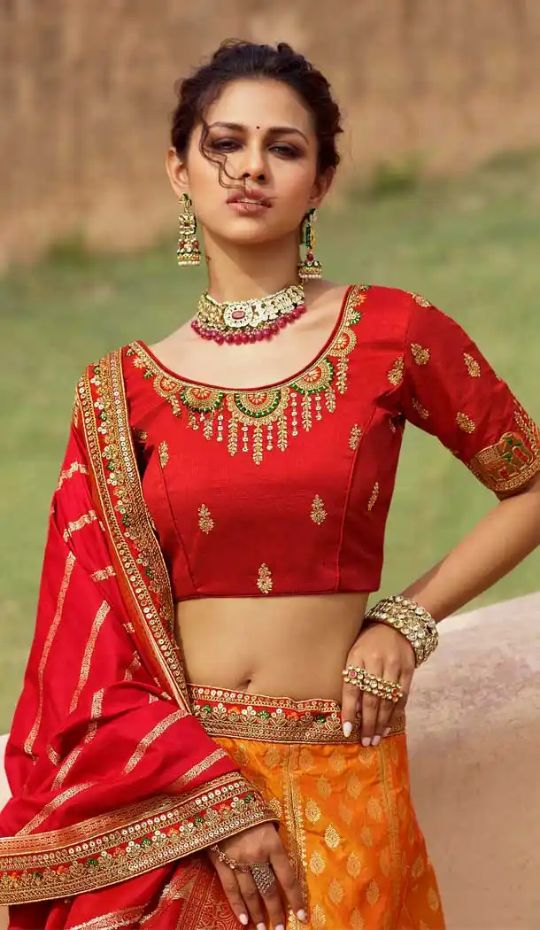 Breathtaking Orange Pink Color Banarasi Silk Bridal Wedding Wear Lehenga Choli - 2548140120