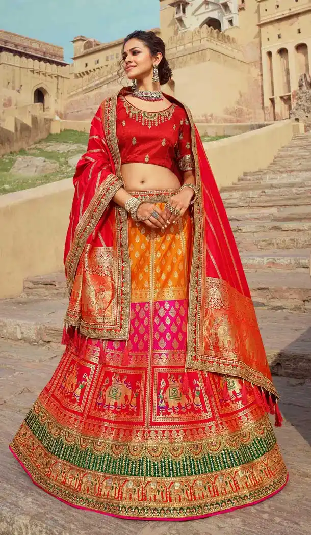 Breathtaking Orange Pink Color Banarasi Silk Bridal Wedding Wear Lehenga Choli - 2548140120