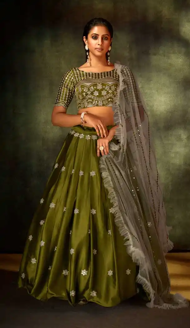 Heena Green Color Devsena Satin Designer Party Wear Lehenga Choli - 2550140128