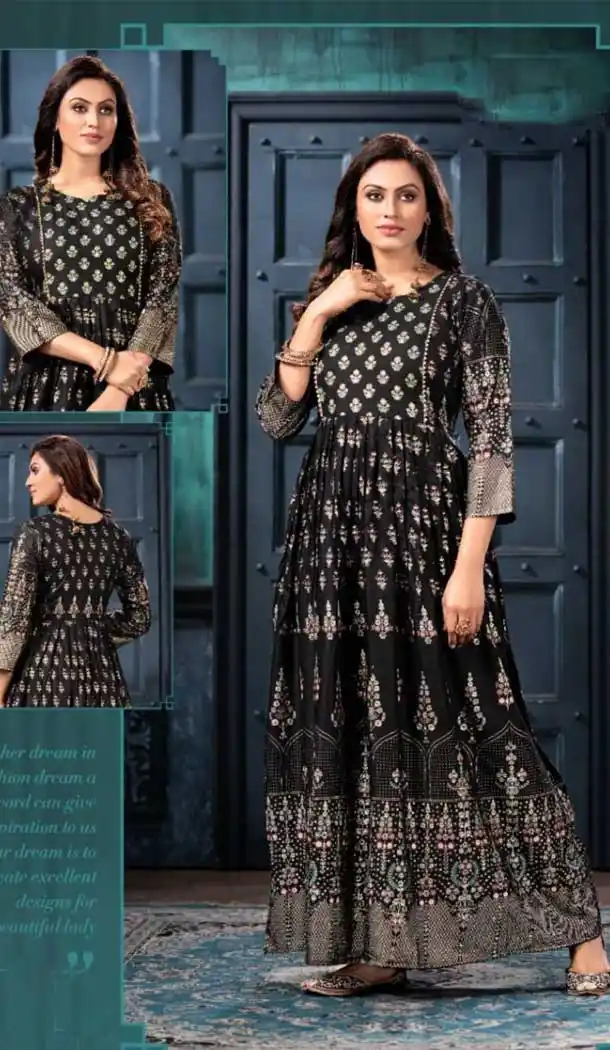 Black Color Rayon Anarkali Style Plus Size Readymade Kurti - 2571140330