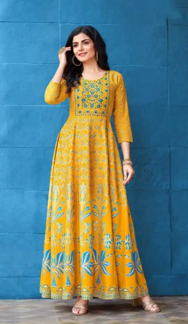 Yellow Color Heavy Rayon Party Wear Anarkali Plus SIze Kurti - 2575140352