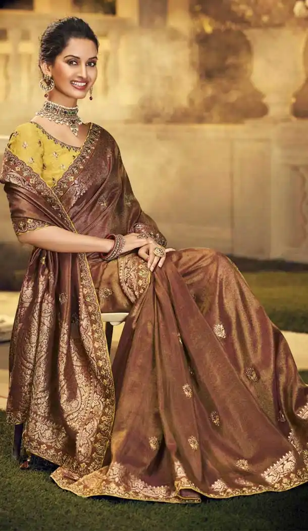 Brown Color Two Tone Satin Silk Designer Party Wear Saree - 2578140376