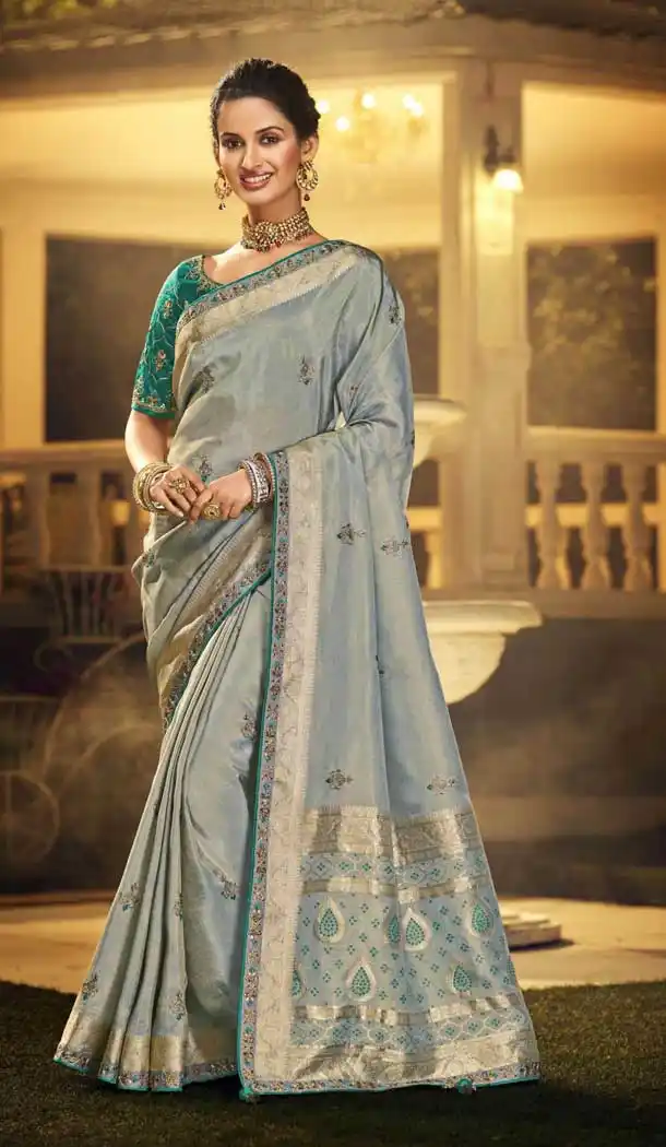 Sky Blue Color Two Tone Satin Silk Designer Party Wear Saree - 2578140382