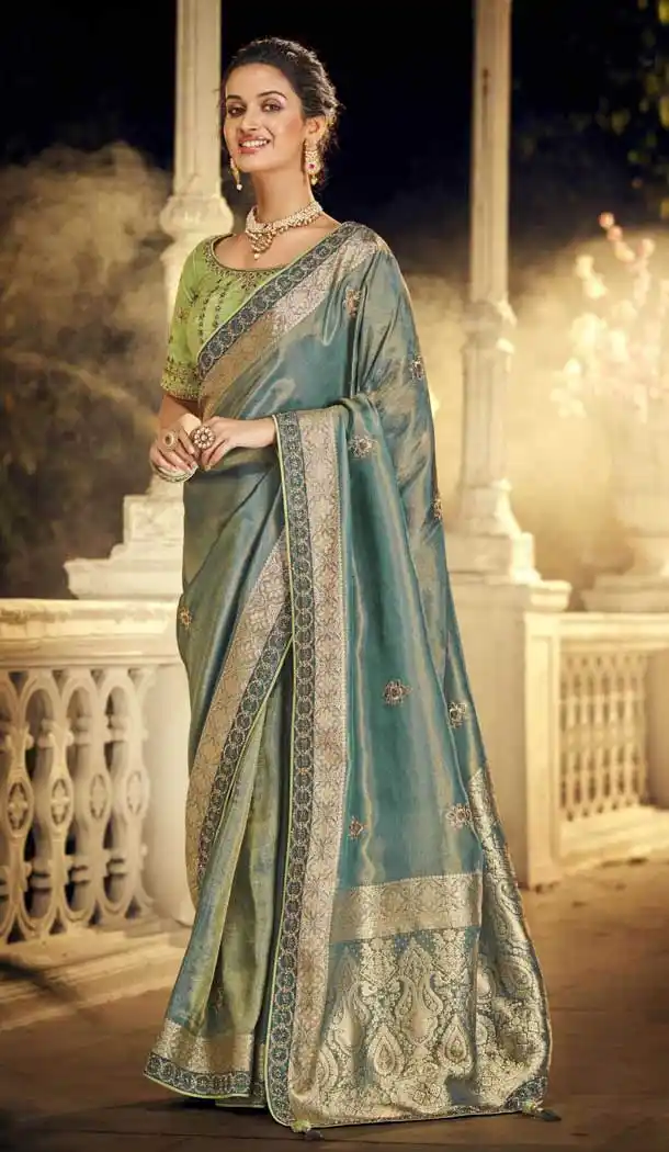 Teal Blue Color Two Tone Satin Silk Designer Party Wear Saree - 2578140384