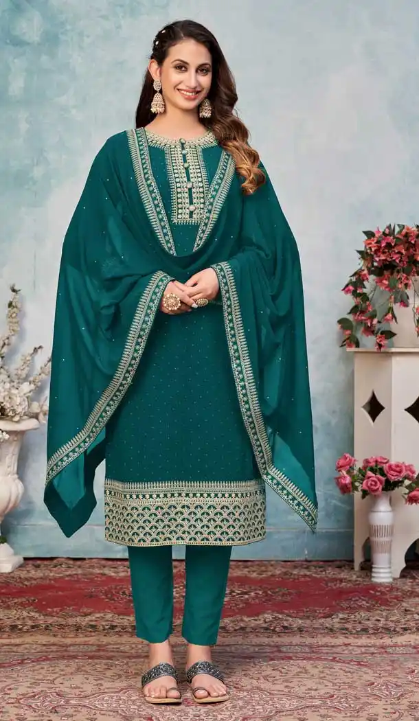Teal Blue Color Fox Georgette Designer Evening Wear Salwar Suit - 2580140389