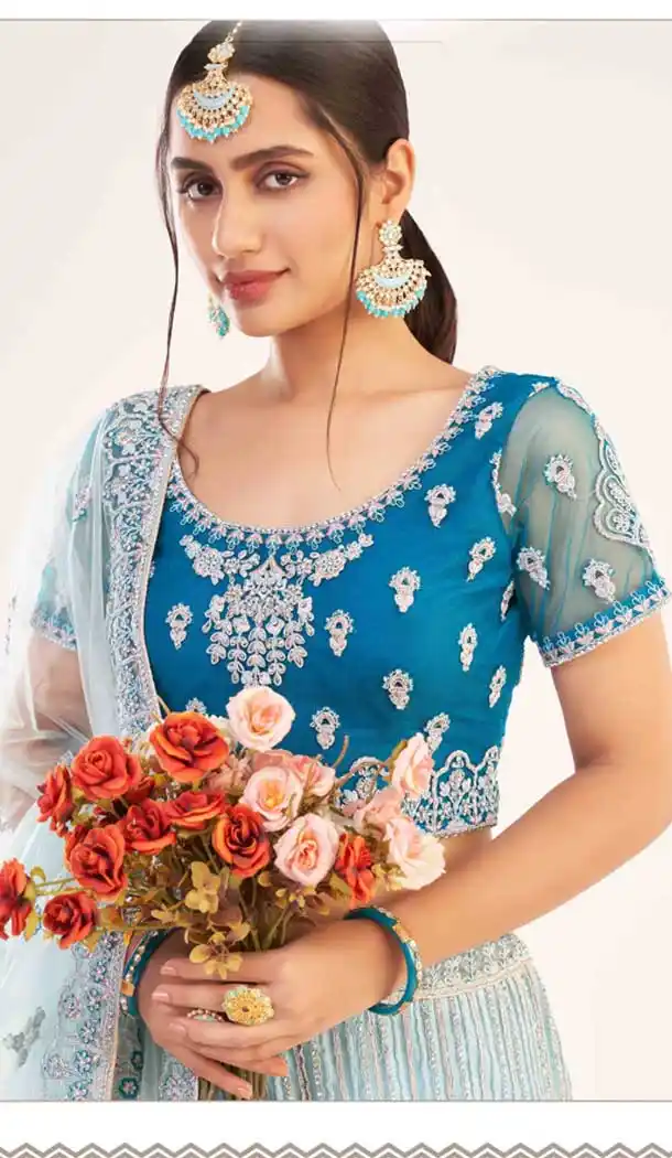 Shaded Firozi Color Heavy Shaded Butterfly Net Bridal Wedding Lehenga Choli - 2617140746