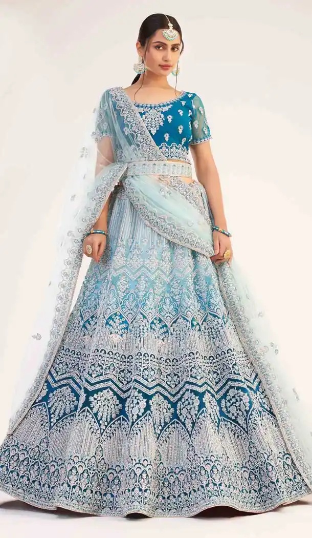 Shaded Firozi Color Heavy Shaded Butterfly Net Bridal Wedding Lehenga Choli - 2617140746