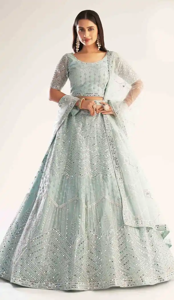 Pastel Ocean Blue Color Heavy Butterfly Net Bridal Wedding Wear Lehenga Choli - 2617140749