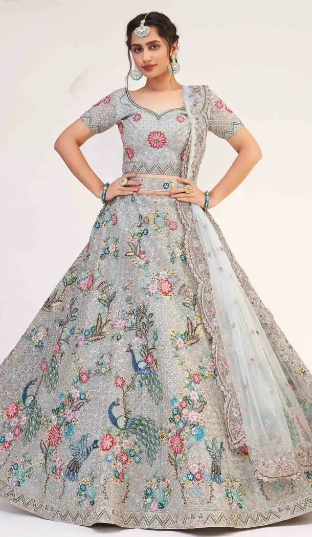 Light Firozi Premium Heavy Butterfly Net Bridal Wedding Wear Lehenga Choli - 2617140751