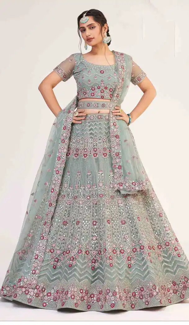 Jade Green Color Premium Heavy Butterfly Net Bridal Wedding Lehenga Choli - 2617140752