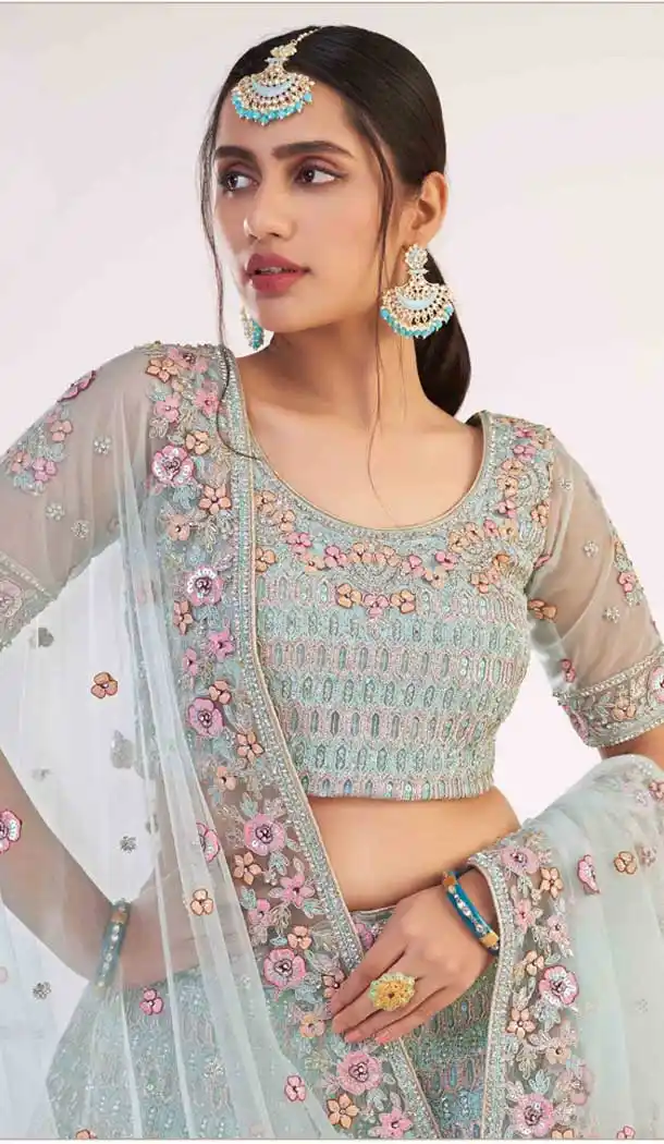 Turquoise Blue Color Premium Heavy Butterfly Net Bridal Wedding Lehenga Choli - 2617140753