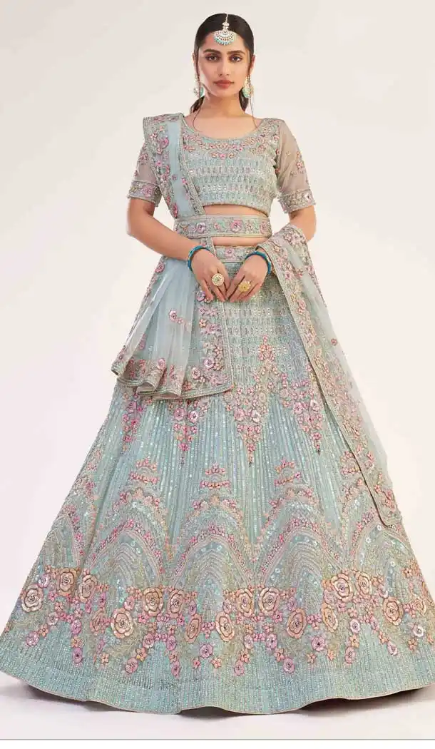 Turquoise Blue Color Premium Heavy Butterfly Net Bridal Wedding Lehenga Choli - 2617140753
