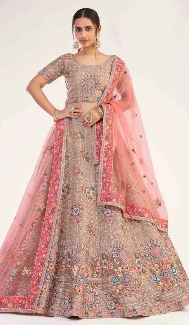 Gold Color Premium Heavy Butterfly Net Bridal Wedding Wear Lehenga Choli - 2617140754