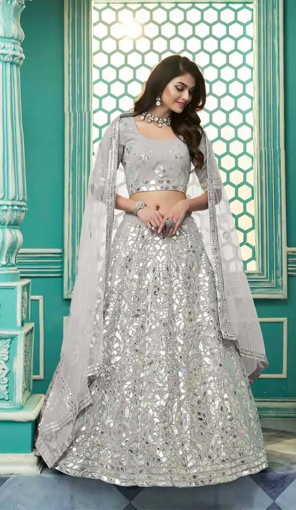 Gray Color Georgette Designer Wedding Wear Lehenga Choli - 2619140766