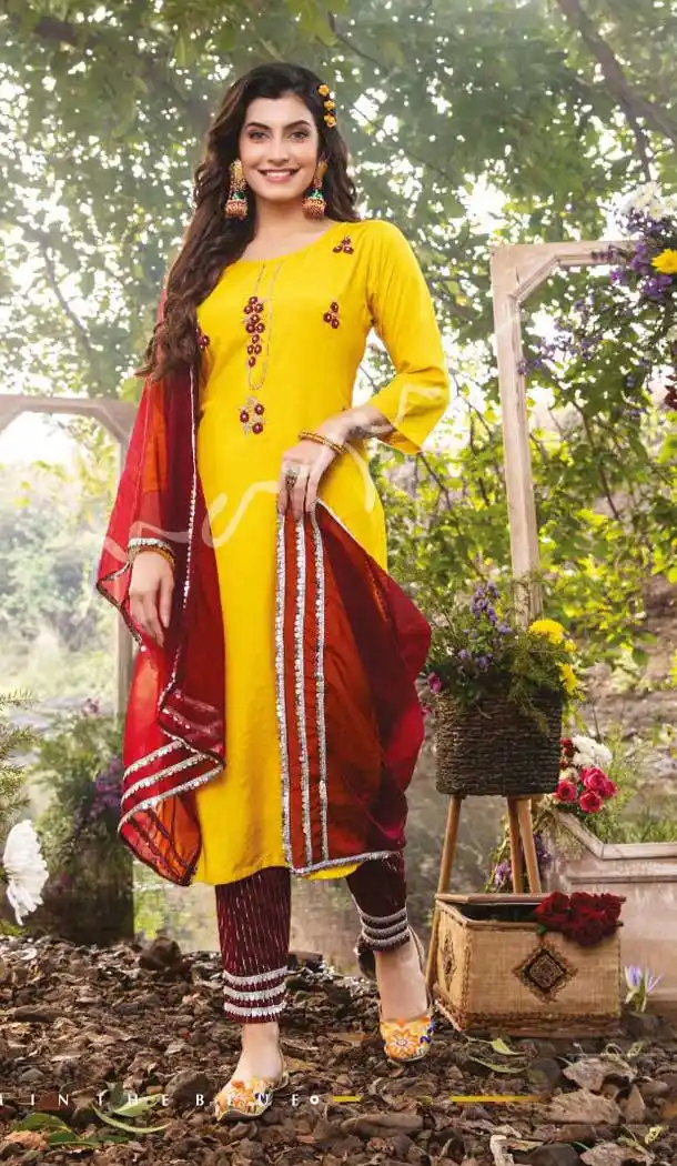 Yellow Color Premium Muslin Designer Plus Size Office Wear Churidar Suit - 2591140453