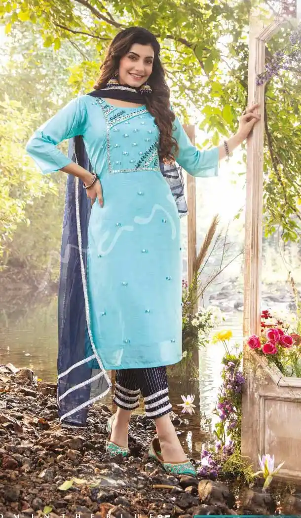 Sky Blue Color Premium Muslin Designer Plus Size Office Wear Churidar Suit - 2591140455
